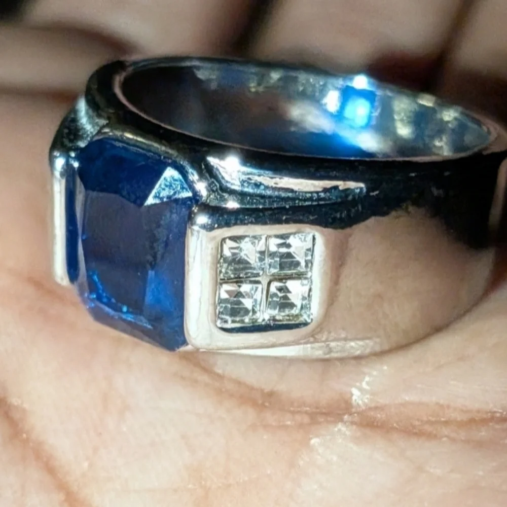 Men's Silver and Blue Gemstone Ring Sz 10